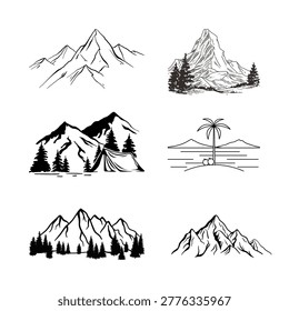 Professional hand-drawn mountain range vector sketches. High-detail peaks and rocky ridges for outdoor apparel, mountaineering logos, and landscape art. Captures the spirit of adventure.