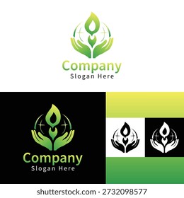 Professionelle Hände mit einem Logo aus Blättern, das für Umweltschutz, Nachhaltigkeit, Schutz und umweltfreundliche Markenwerte steht.