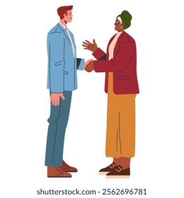 Professional handshake between colleagues in modern attire, expressing partnership and agreement. Friendly business interaction, diverse teamwork collaboration. Vector illustration.