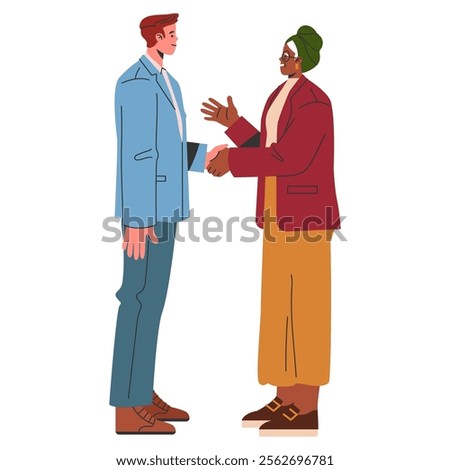 Professional handshake between colleagues in modern attire, expressing partnership and agreement. Friendly business interaction, diverse teamwork collaboration. Vector illustration.