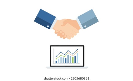 Professional handshake between two individuals above a laptop screen showing colorful growth charts, illustrating corporate collaboration and data analysis success.