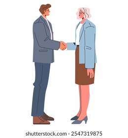 Professional handshake concept. Two business colleagues in formal attire greeting each other. Partnership agreement, corporate communication. Vector illustration.