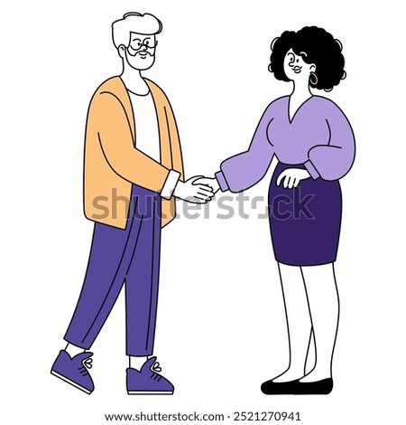 Professional handshake concept. Two business people engaging in a confident and friendly greeting. Networking, partnership and gender equality in the workplace. Vector illustration.