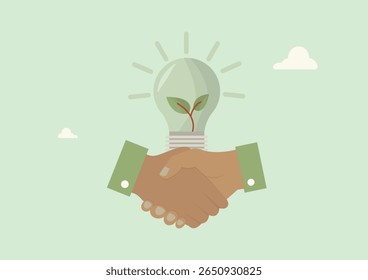 Professional handshake with eco-friendly light bulb containing plant above, symbolizing green energy business partnership and sustainable collaboration agreements. Flat style. Vector illustration