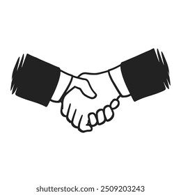 Professional Handshake Illustration. Vector illustration black and white of two individuals engaging in a firm handshake, symbolizing agreement, partnership, or a business deal.