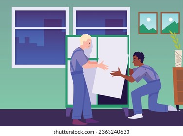 Professional handyman assembling dresser, flat vector illustration. Furniture assembly service workers installing wardrobe. Construction work concept.