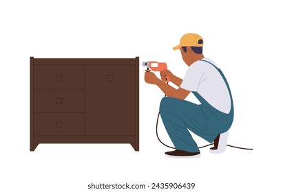 Professional handyman cartoon character assembling chest of drawers with drill isolated on white