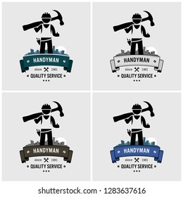 Professional handyman house fixing logo design. Vector artwork of industrial technician, repairman, or maintenance worker.