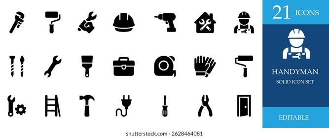 A professional handyman icon set with tools like wrench, drill, hammer, gloves, paint roller, screwdriver, ladder, and more. Perfect for repair, DIY, maintenance, and construction themes.