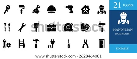 A professional handyman icon set with tools like wrench, drill, hammer, gloves, paint roller, screwdriver, ladder, and more. Perfect for repair, DIY, maintenance, and construction themes.