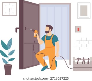 Professionelle Handyman Installation Tür Konzept, Techniker mit Power Tools Indoors Vektordesign, Bauarbeiter Banner, Skilled Labor Szene, Bauingenieurwesen Werke Stockgrafik