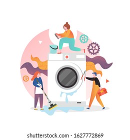 Professional handyman plumber fixing washer, vector illustration. Washing machine repair and maintenance service concept for web banner, website page etc.