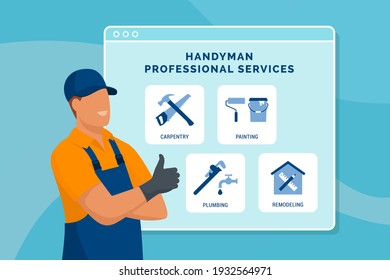 Professional handyman presenting his services and giving a thumbs up
