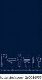 Professional handyman services background vertical. Vector banner template with tools collection and text space.  Set of repair tools on dark blue background for your design. EPS10.