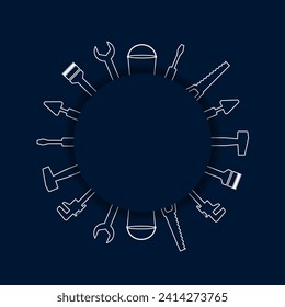 Professional handyman services. Blank template for your logo with tools collection and text space.  Set of repair tools on dark blue background for your web site design, app, UI. EPS10.