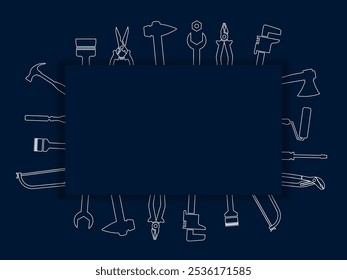 Professional handyman services. Blank template for your logo with tools collection  and text space.  Set of repair tools on dark blue background for your web site design, app, UI. Shadow. EPS10.