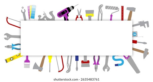 Professional handyman services. Blank template for your logo with colorful tools collection and text space.  Set of repair tools on white background for your web site design, app, UI. Shadow. EPS10.