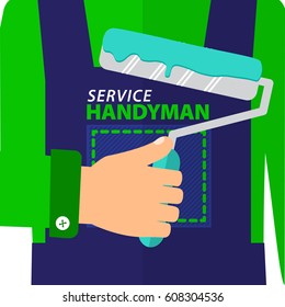 Professional handyman services logo. Handyman dressed in a blue jumpsuit holding a roller to paint. Stock vector. Flat design.