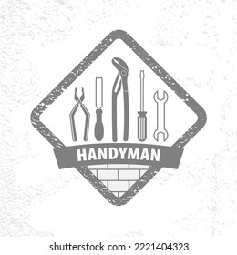 Professional handyman services logo on texture background.  Emblem with set of Repair tools for your desig.  EPS10.