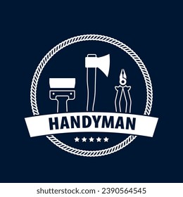 Professional handyman services logo. Set of repair tools on dark blue background.  Logo Handyman concept circle for your design. EPS10.