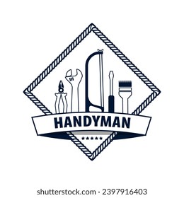 Professional handyman services logo. Set of repair tools.  Logo Handyman with wooden texture in dark blue. Stock vector.  EPS10.