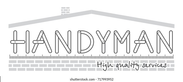 Professional handyman services logo.  Silhouette of the house. The word Handyman connected with screws.  Stock vector. Flat design.