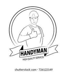 Professional handyman services logo. Silhouette of handyman wearing work clothes. Stock vector. Flat design.