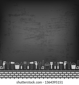 Professional handyman services . Vector banner template with tools collection and text space.  Set of repair tools on dark gray chalkboard texture background. Flat design.