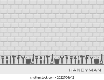 Professioneller Handyservice. Vektorbanner-Vorlage mit Sammlung von Werkzeugen und Textraum auf Grau.  Set von Reparaturwerkzeugen auf Backstein-Wand-Hintergrund für Ihr Web-Site-Design, App, UI. EPS10.