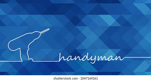 Servicios profesionales de mano. Plantilla de banner vectorial con silueta de taladro y espacio de texto.  Reparar el taladro en fondo poligonal azul para su diseño, aplicación, interfaz de usuario. EPS10. 