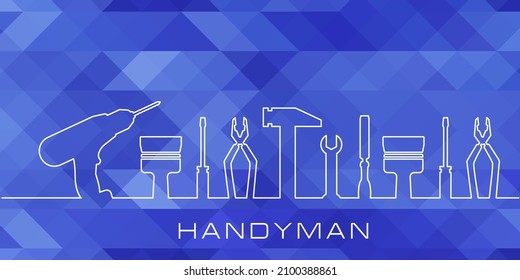 Professional handyman services. Vector banner template with tools collection and text space.  Set of repair tools on blue polygonal  background for your design. EPS10.