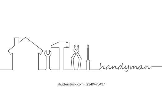 Professional handyman services. Vector banner template with silhouette  of house and repair tools silhouette and text space.  Repair tools on white background for your web site design, app, UI. EPS10.