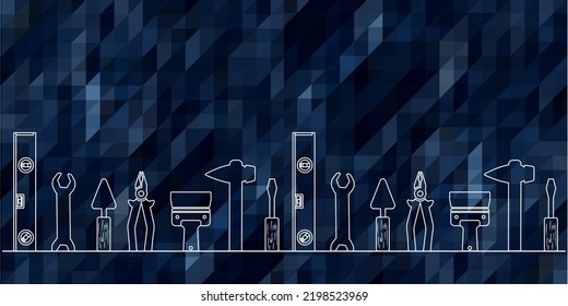 Professional handyman services. Vector banner template with repair tools silhouette and text space.  Repair tools on dark blue polygonal background for design. EPS10.