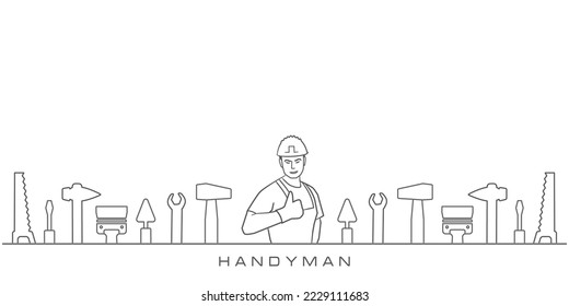 Professional handyman services. Vector banner template with worker, tools collection and text space.  Set of repair tools on white background for your web site design, app, UI. EPS10.