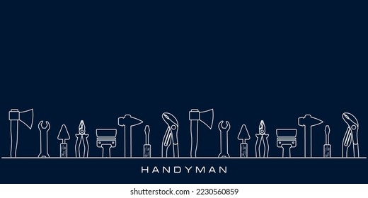 Professional handyman services. Vector banner template with tools collection and text space.  Set of repair tools on dark blue background for your design. EPS10.
