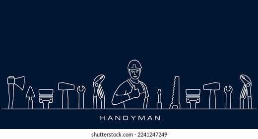 Servicios profesionales de mano. Plantilla de banner vectorial con trabajador, colección de herramientas y espacio de texto.  Conjunto de herramientas de reparación en fondo azul oscuro para el diseño de tu sitio web, aplicación, interfaz de usuario. EPS10.