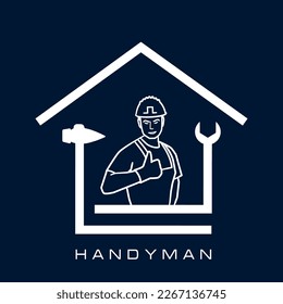 Professional handyman services. Vector banner template with worker, tools, silhouette of house.  Handyman concept on dark blue background for your web site design, app, UI. EPS10.