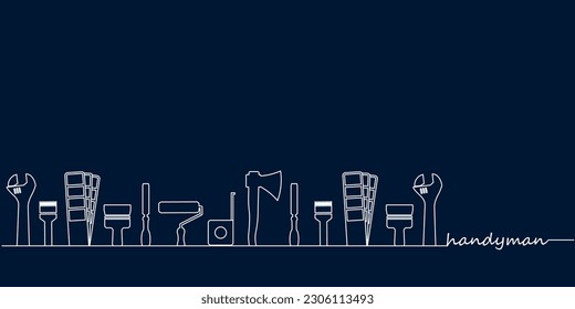 Servicios profesionales de mano. Plantilla de banner vectorial con colección de herramientas y espacio de texto.  Conjunto de herramientas de reparación sobre fondo azul oscuro para su diseño. EPS10.