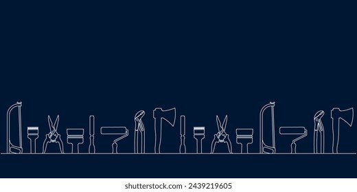 Professional handyman services. Vector banner template with tools collection and text space.  Set of repair tools on dark blue background for your design. EPS10.