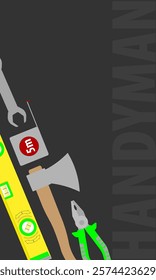 Professional handyman services. Vector banner template vertical with colorful tools  and text space.  Repair tools on dark gray background for your web site design, app, UI. EPS10.