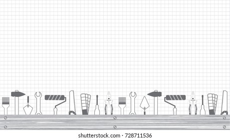 Professional handyman services . Vector banner template with tools collection and text space.  Set of repair tools on a sheet in a cage. Flat design. 