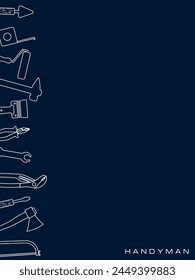 Professional handyman services. Vector vertical banner template  with tools collection and text space.  Set of repair tools on dark blue background for your design. EPS10.