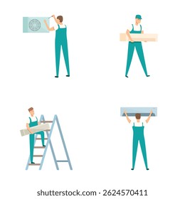Professional handyman vector set for maintenance, repairs, and installation work with skilled tradesman character illustration and diy tools for home improvement and construction tasks