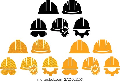Professional hard hat symbols including safety goggles shield gear icons for engineering building project maintenance