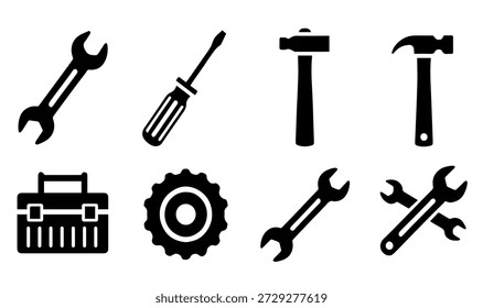 Professional hardware toolkit set with wrench screwdriver hammer gear and toolbox for construction repair maintenance silhouette vector illustration