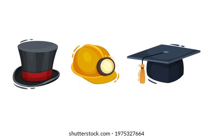 Professional Hats With Safety Miner Helmet And Graduation Hat With Tassel Vector Set