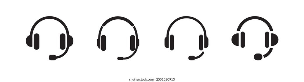 Professional headset vector icons for customer support, call centers, and communication designs. High-quality, minimalist headset illustrations in black and white.