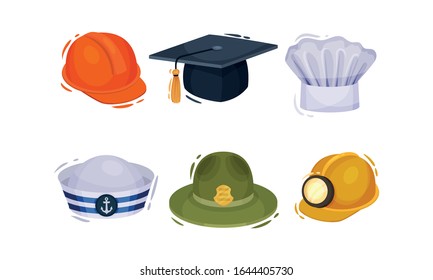 Professional Headwear for Various Occupations Isolated on White Background Vector Set
