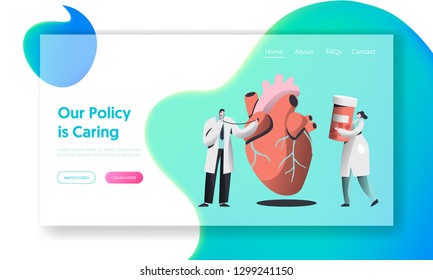 Professional Health Care Landing Page. Doctor with Stethoscope listen Human Heartbeat. Woman Carry Drug Container. Female in Medical Gown hold Pill Concept for Website Flat Cartoon Vector Illustration