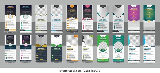 Professional health care and medical roll up design, standee and banner template decoration for exhibition, printing, presentation. Vertical, roll-up template, banner stand, or flag design.